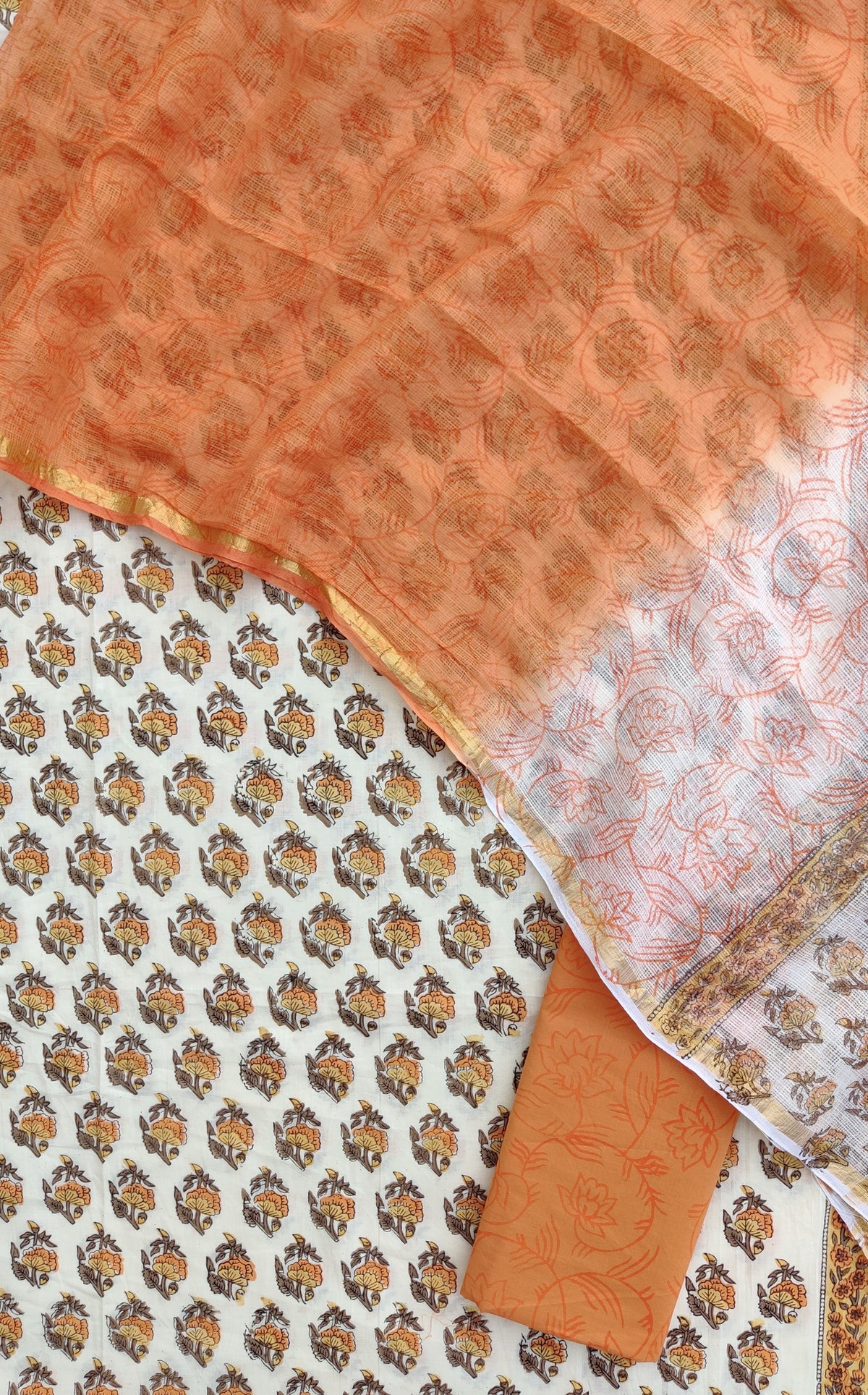 Hand Block Printed Cotton Suit with Cotton Kota Doria dupatta