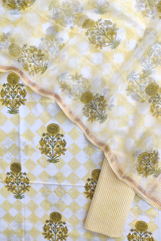 Hand Block Printed Cotton Suit with Cotton Kota Doria dupatta