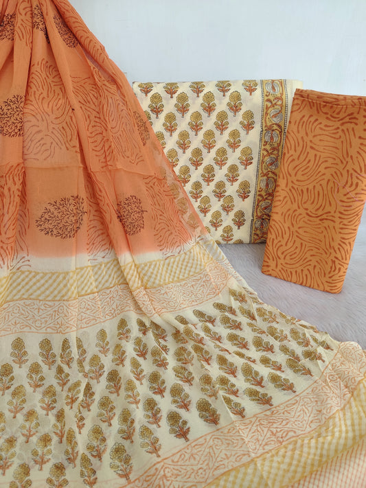 HAND BLOCK PRINTED COTTON SUIT WITH PURE CHIFFON DUPATTA