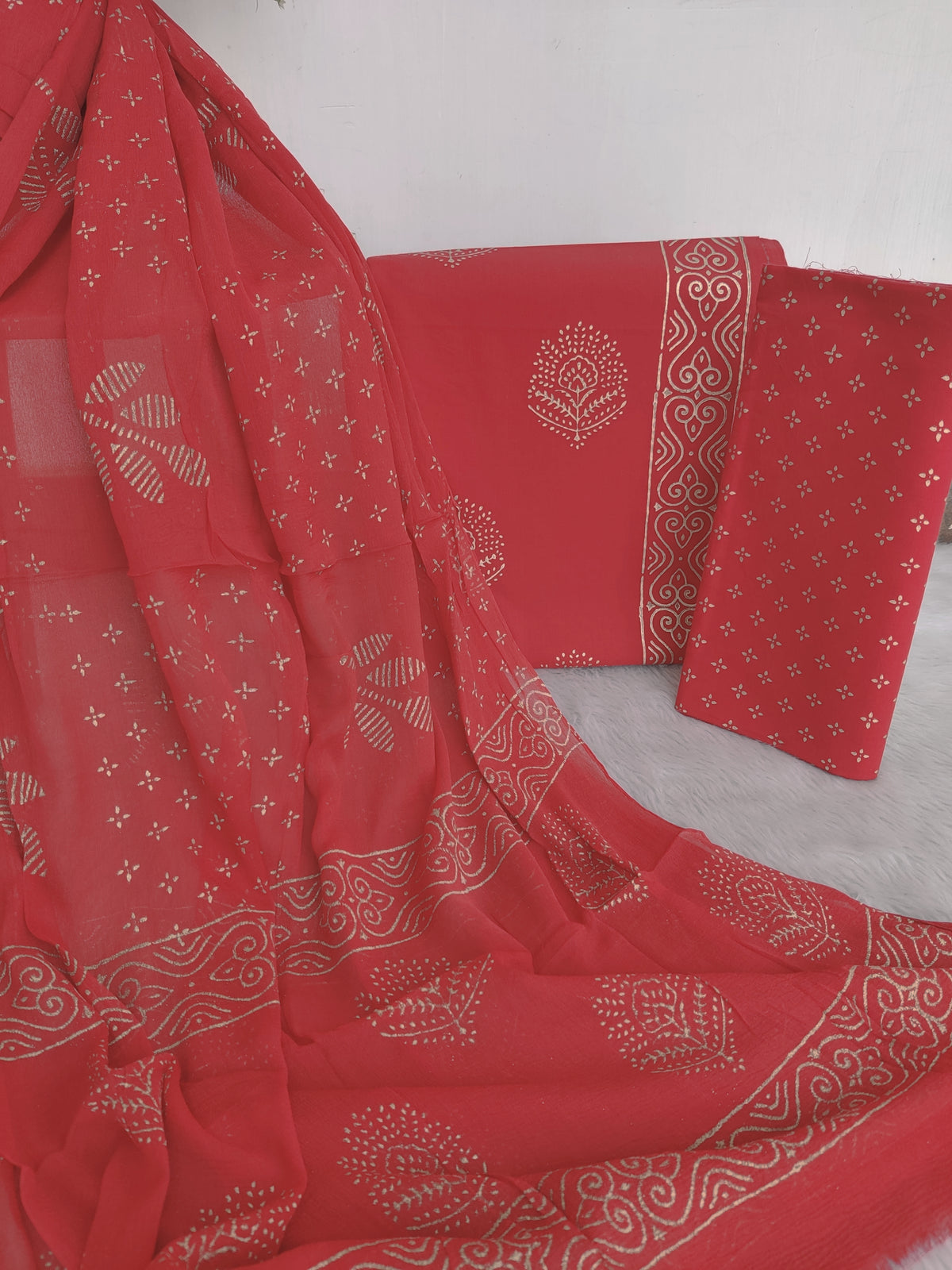 HAND BLOCK PRINTED COTTON SUIT WITH PURE CHIFFON DUPATTA