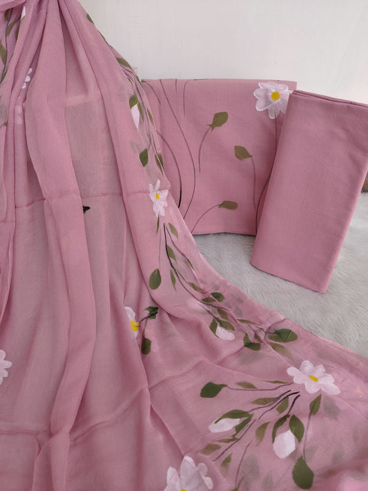 HAND PAINTED COTTON SUIT WITH PURE CHIFFON DUPATTA
