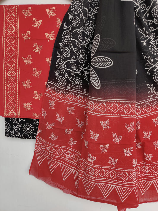 Hand Block Printed Cotton Suit With Mulmul Cotton Dupatta
