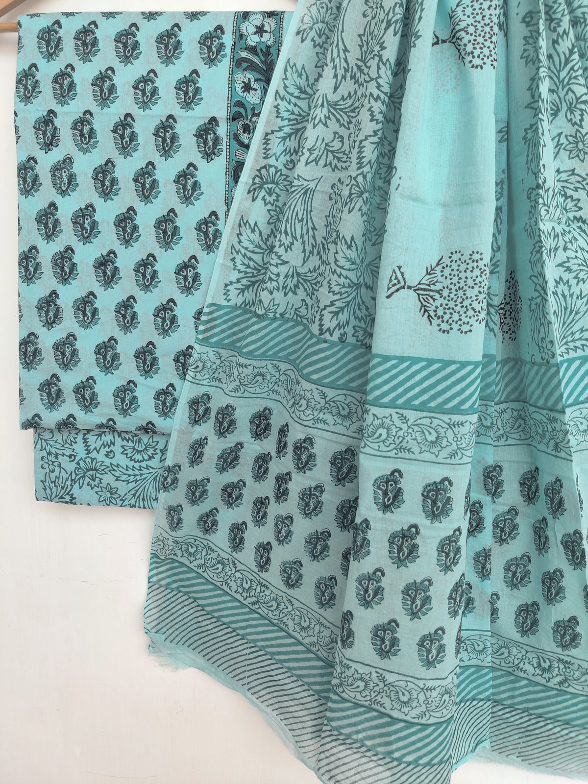 Hand Block Printed Cotton Suit With Mulmul Cotton Dupatta
