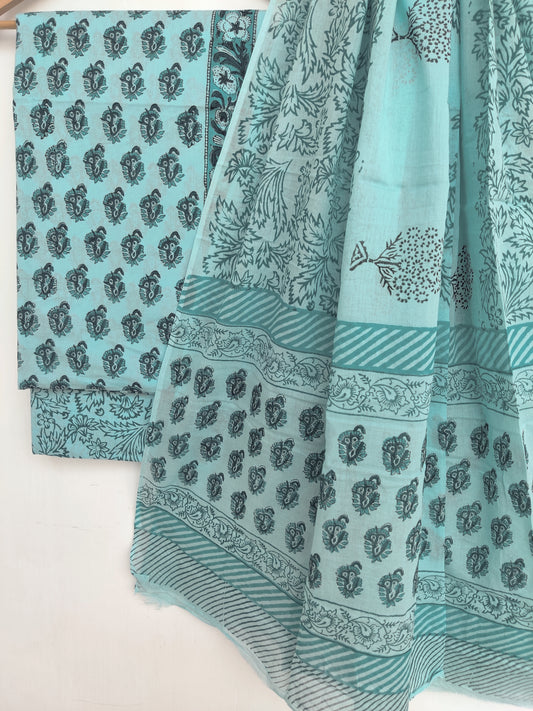 Hand Block Printed Cotton Suit With Mulmul Cotton Dupatta