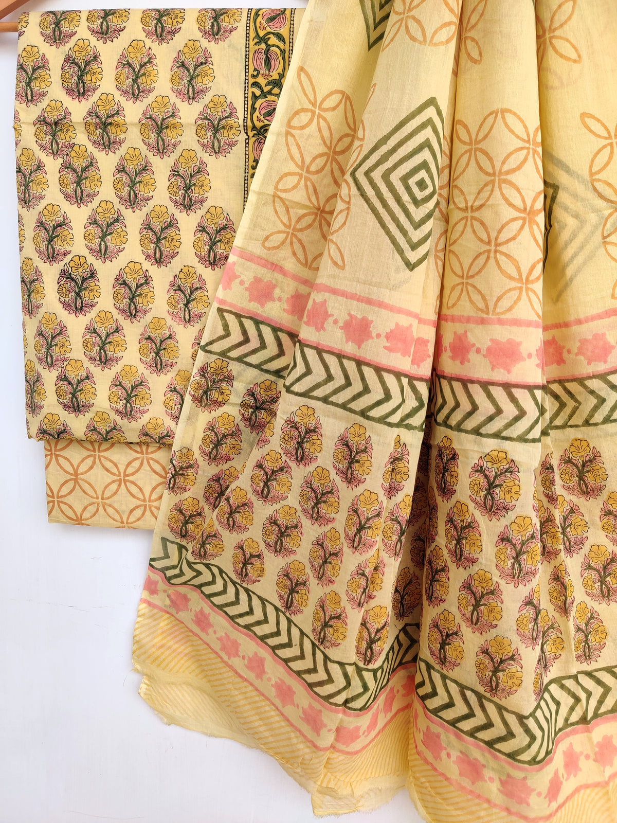 Hand Block Printed Cotton Suit With Mulmul Cotton Dupatta