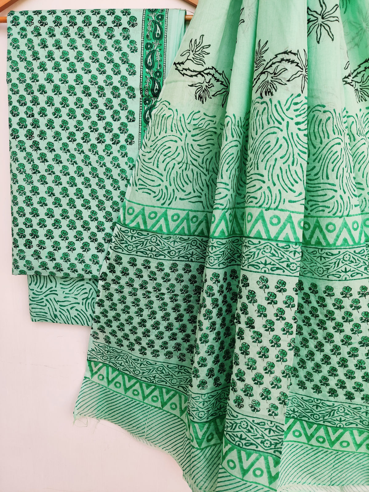 Hand Block Printed Cotton Suit With Mulmul Cotton Dupatta