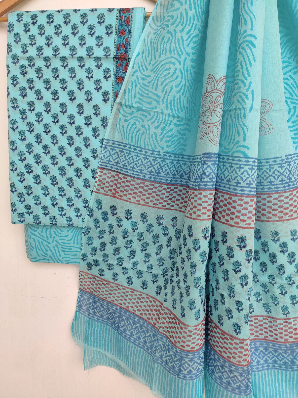 Hand Block Printed Cotton Suit With Mulmul Cotton Dupatta
