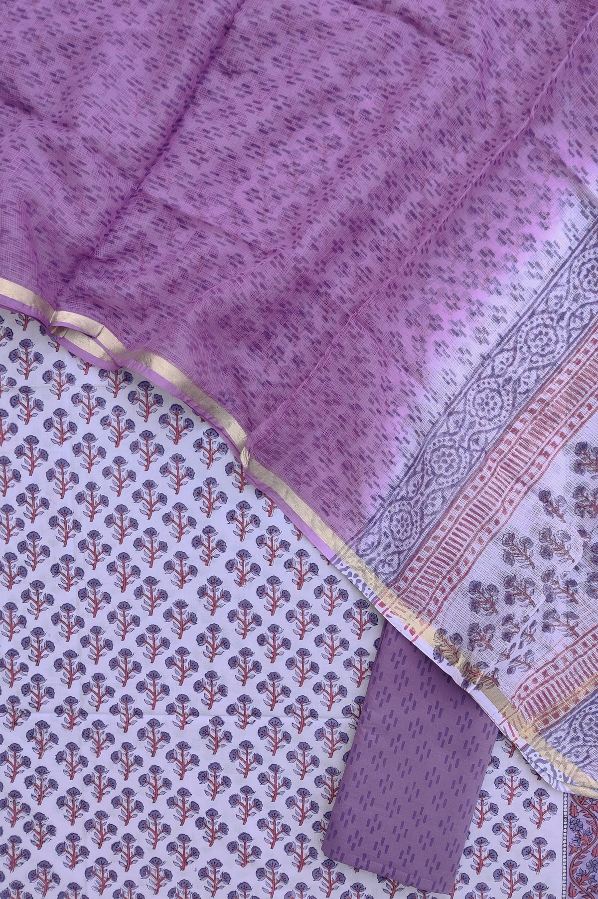 HAND BLOCK PRINTED COTTON SUIT WITH KOTA DORIA DUPATTA