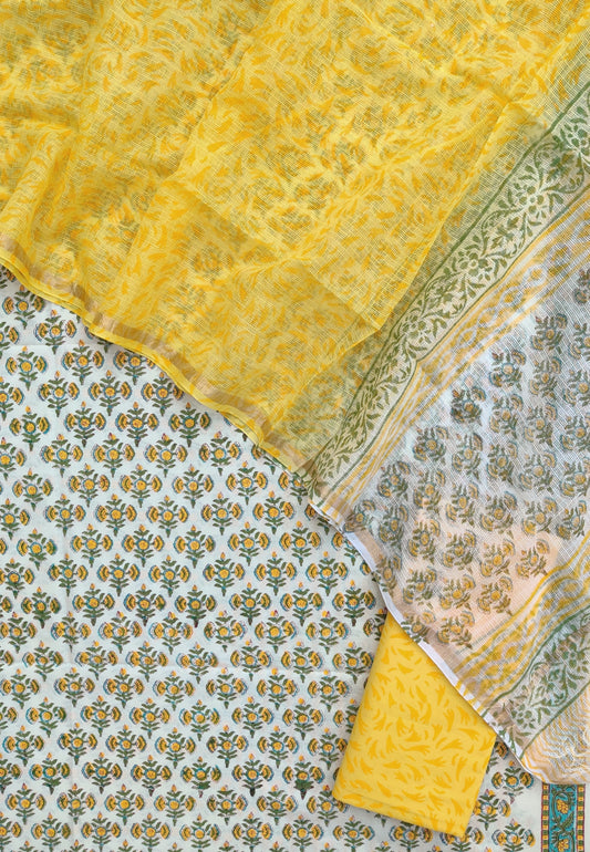 HAND BLOCK PRINTED COTTON SUIT WITH KOTA DORIA DUPATTA