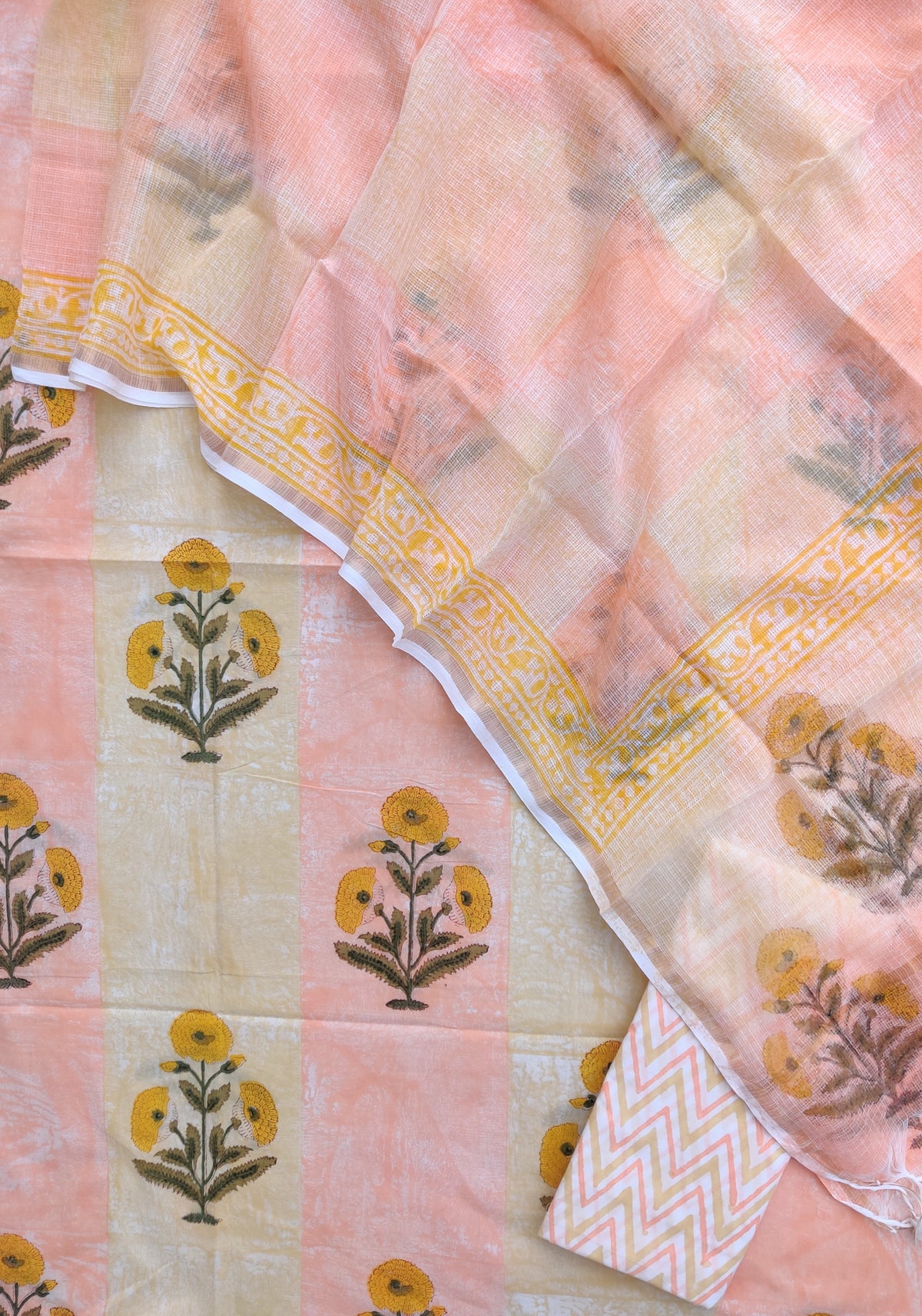 Hand Block & Brush Printed Cotton Suit with Cotton Kota Doria dupatta
