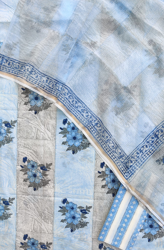 Hand Block & Brush Printed Cotton Suit with Cotton Kota Doria dupatta