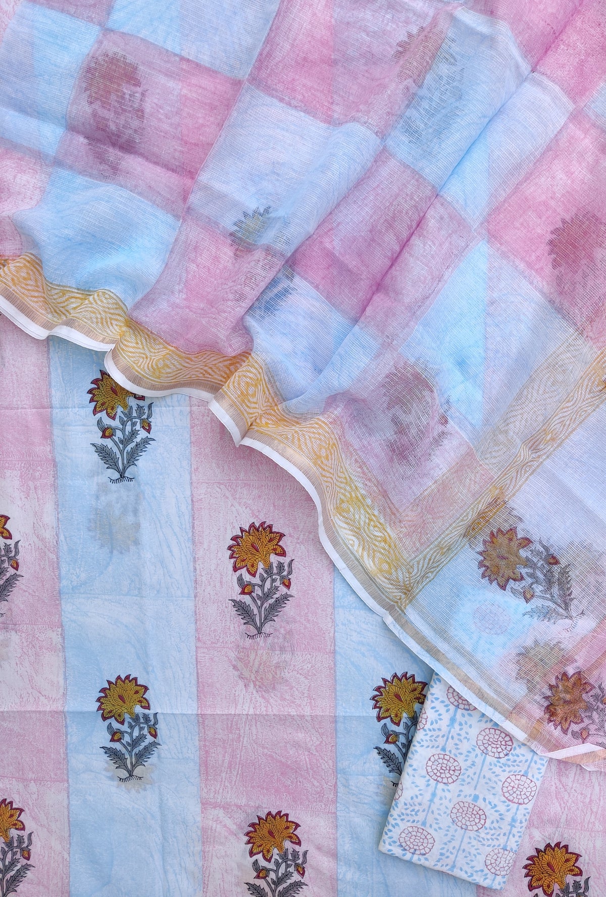 Hand Block & Brush Printed Cotton Suit with Cotton Kota Doria dupatta