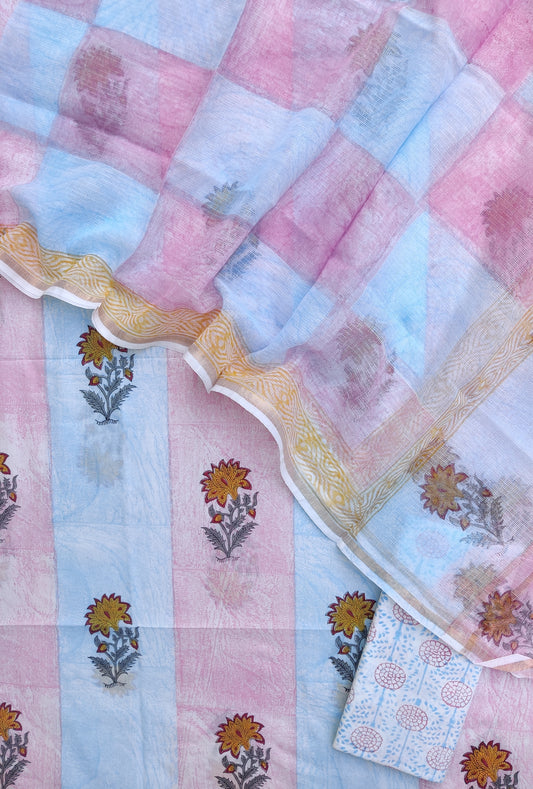 Hand Block & Brush Printed Cotton Suit with Cotton Kota Doria dupatta