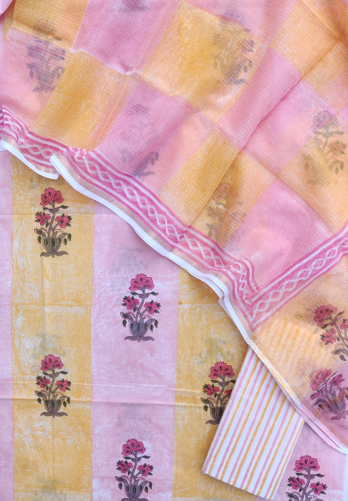Hand Block & Brush Printed Cotton Suit with Cotton Kota Doria dupatta