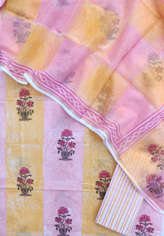Hand Block & Brush Printed Cotton Suit with Cotton Kota Doria dupatta