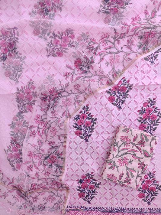 Pure Cotton Hand Block Printed Applique Suits with Kota Doria Dupatta