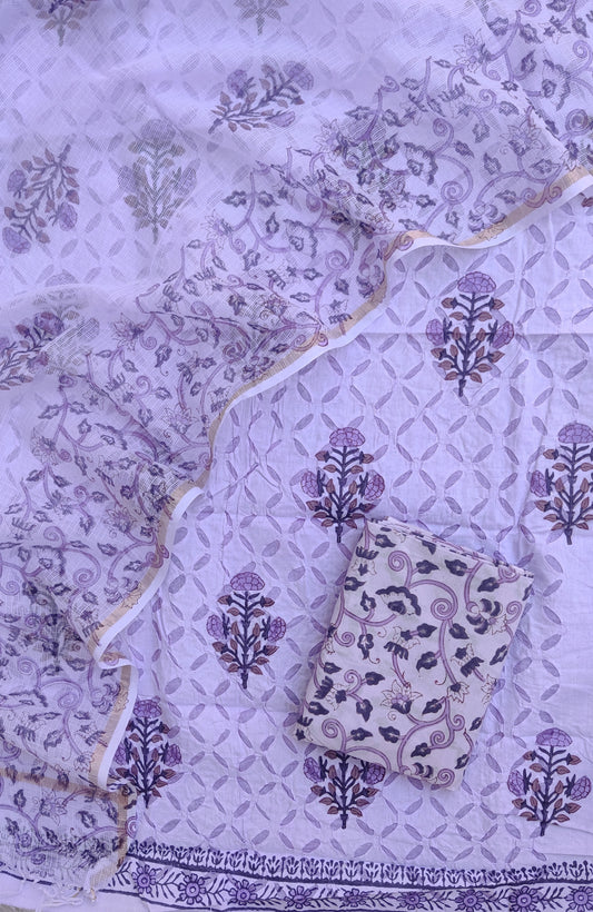 Pure Cotton Hand Block Printed Applique Suits with Kota Doria Dupatta
