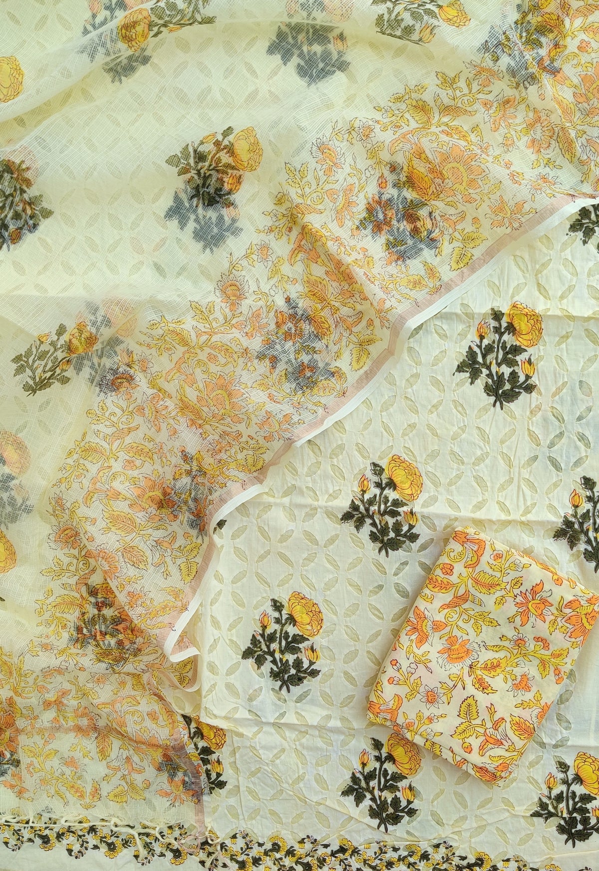 Pure Cotton Hand Block Printed Applique Suits with Kota Doria Dupatta