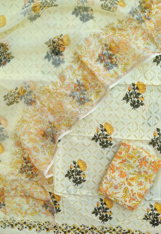 Pure Cotton Hand Block Printed Applique Suits with Kota Doria Dupatta