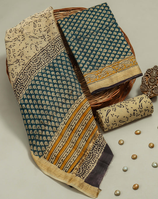 BAGRU Printed Maheshwari Silk Suit with Maheshwari Silk Dupatta