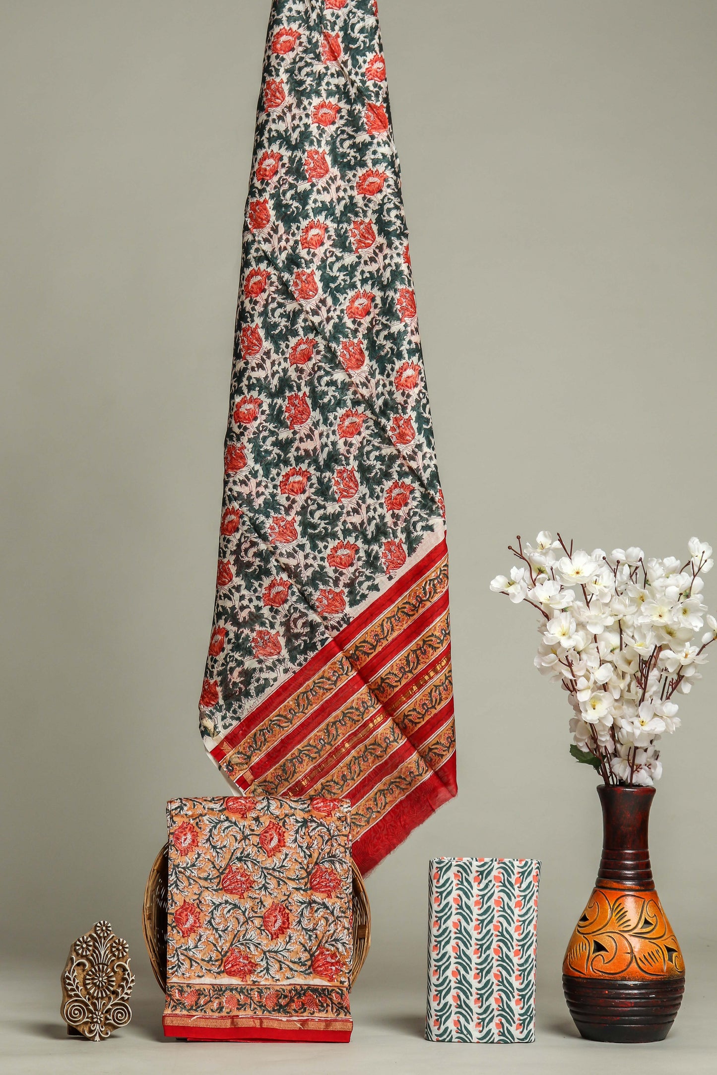 Hand Block Printed Chanderi Silk Suits with Chanderi Silk Dupatta