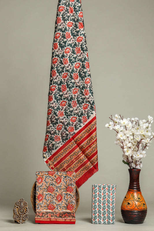 Hand Block Printed Chanderi Silk Suits with Chanderi Silk Dupatta