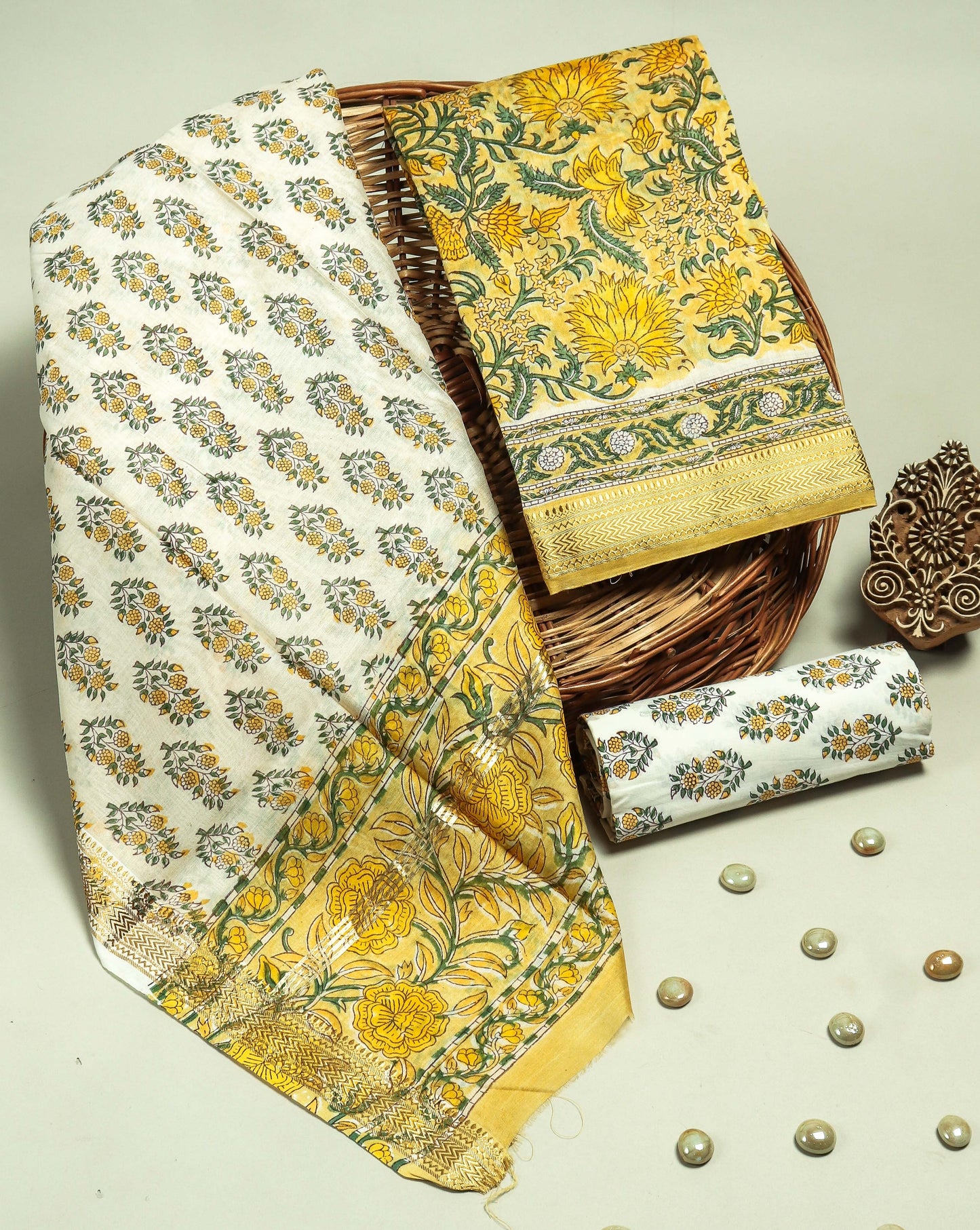 Hand Block Printed Maheshwari Silk Suit with Maheshwari Silk Dupatta