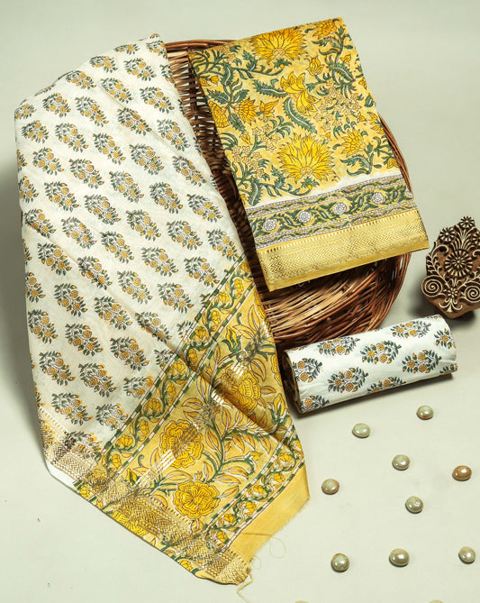 Hand Block Printed Maheshwari Silk Suit with Maheshwari Silk Dupatta