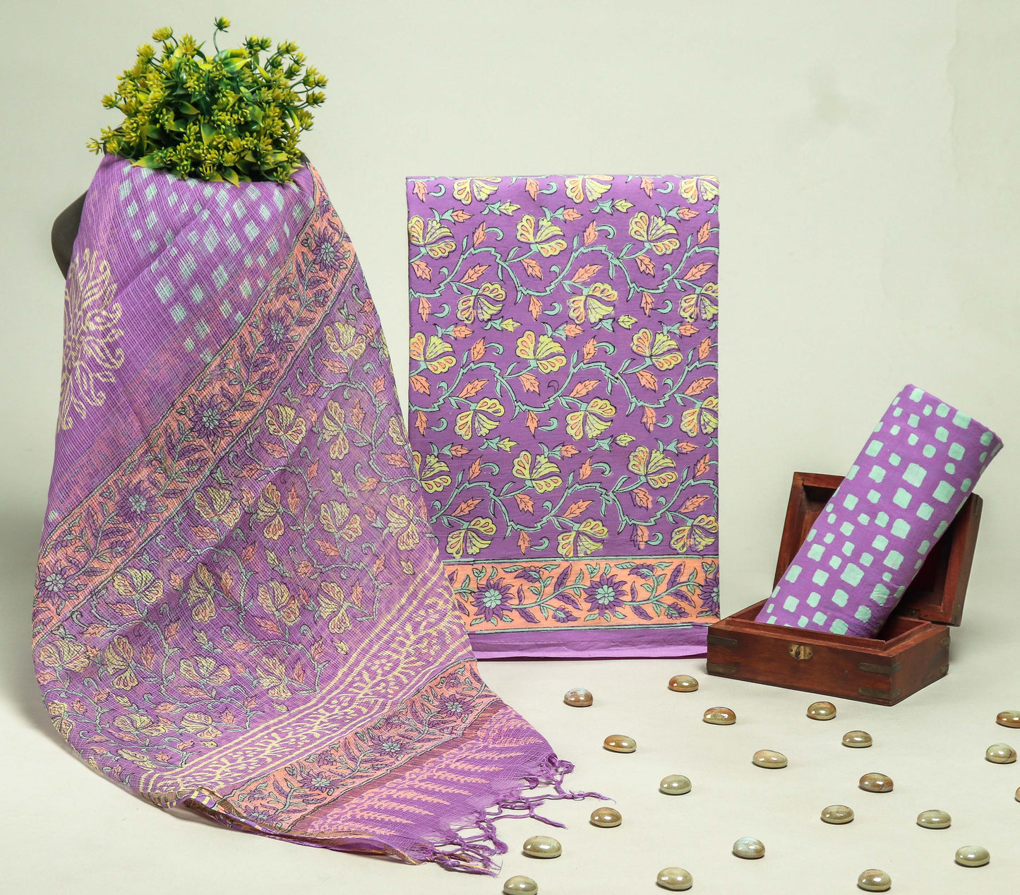 Beautiful Discharge Printed Cotton Suit with Pure Kota Doria Dupatta