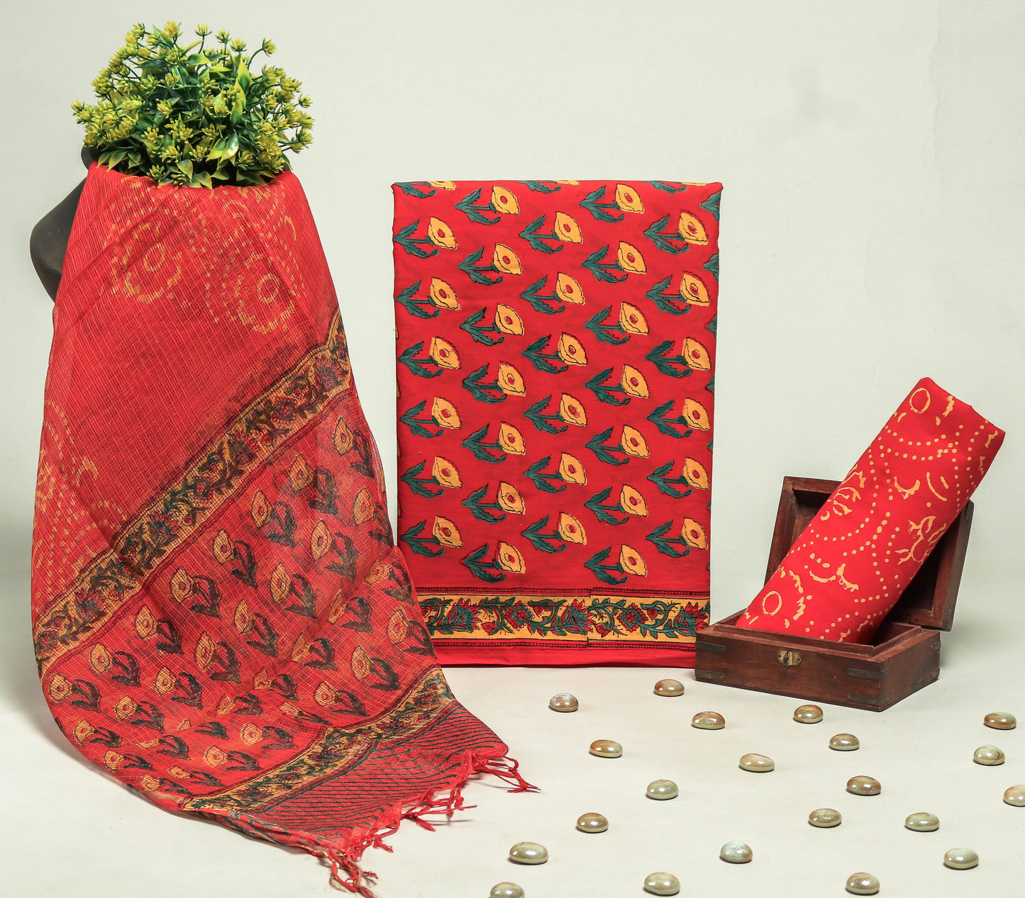 Beautiful Discharge Printed Cotton Suit with Pure Kota Doria Dupatta