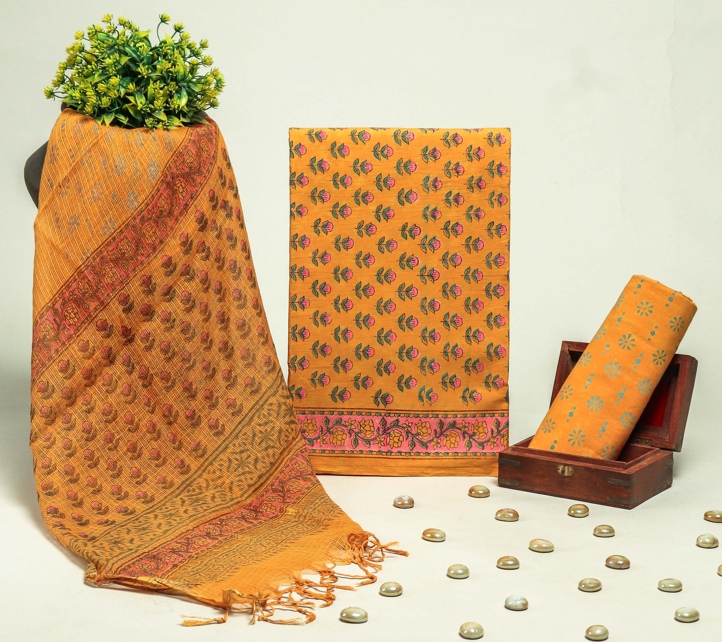 Beautiful Discharge Printed Cotton Suit with Pure Kota Doria Dupatta