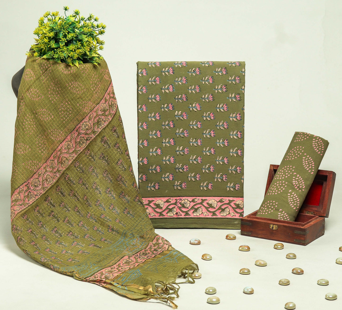 Beautiful Discharge Printed Cotton Suit with Pure Kota Doria Dupatta