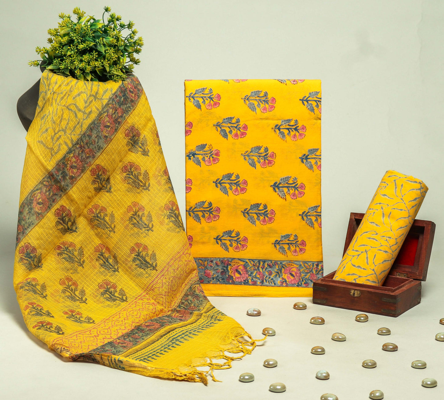 Beautiful Discharge Printed Cotton Suit with Pure Kota Doria Dupatta