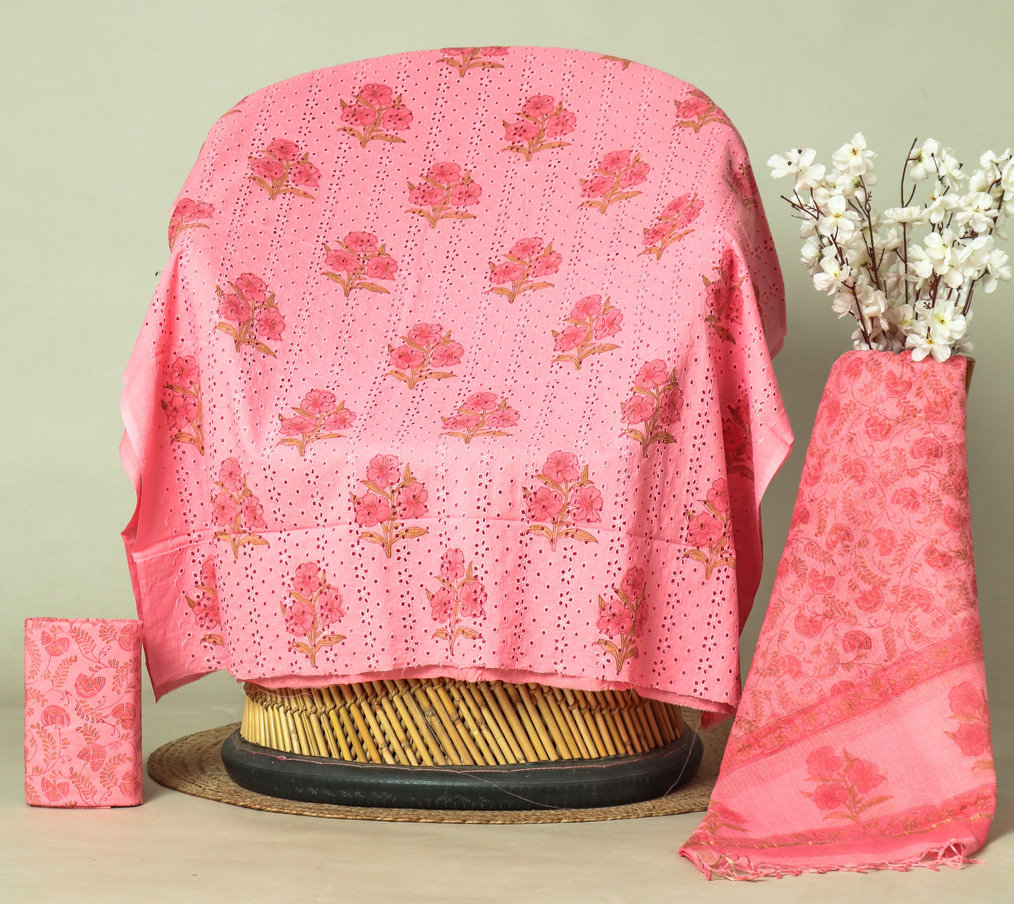 Hand Block Printed Cotton Schiffli Suit with Kota Doria Dupatta