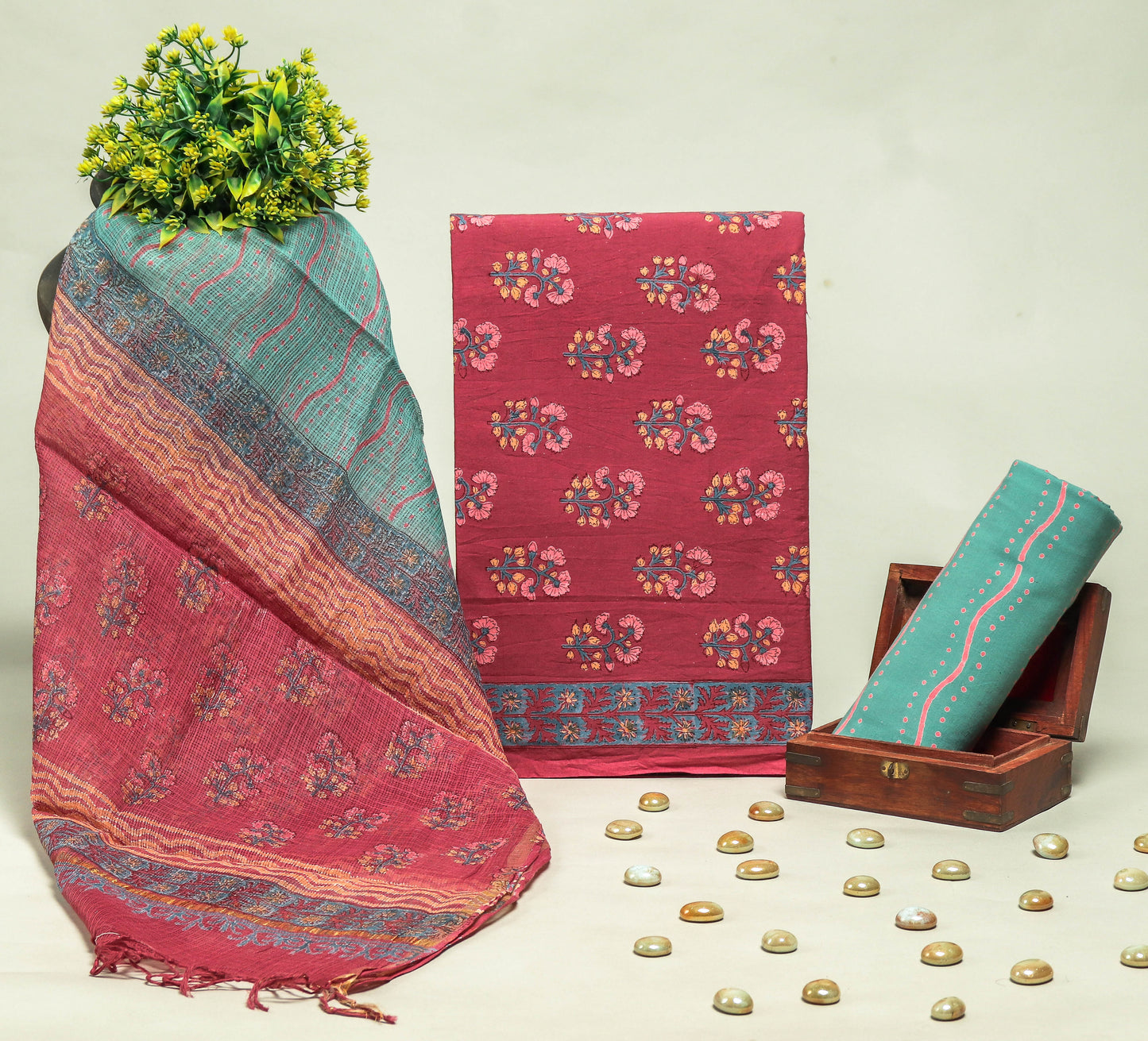 Beautiful Discharge Printed Cotton Suit with Pure Kota Doria Dupatta