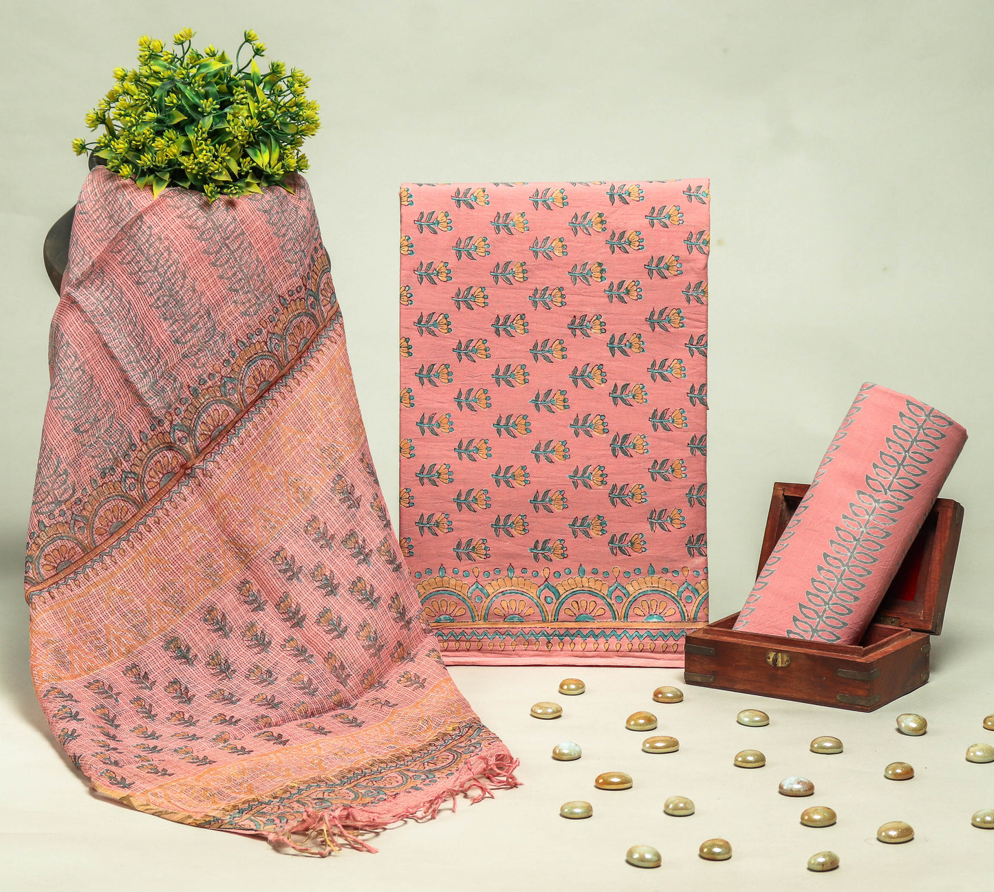 Beautiful Discharge Printed Cotton Suit with Pure Kota Doria Dupatta