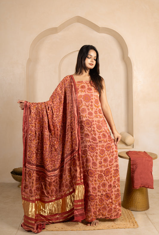 Vanaspati Ajrakh Hand Block Printed Modal Silk Suit with Modal Silk Lagdi Patta Dupatta