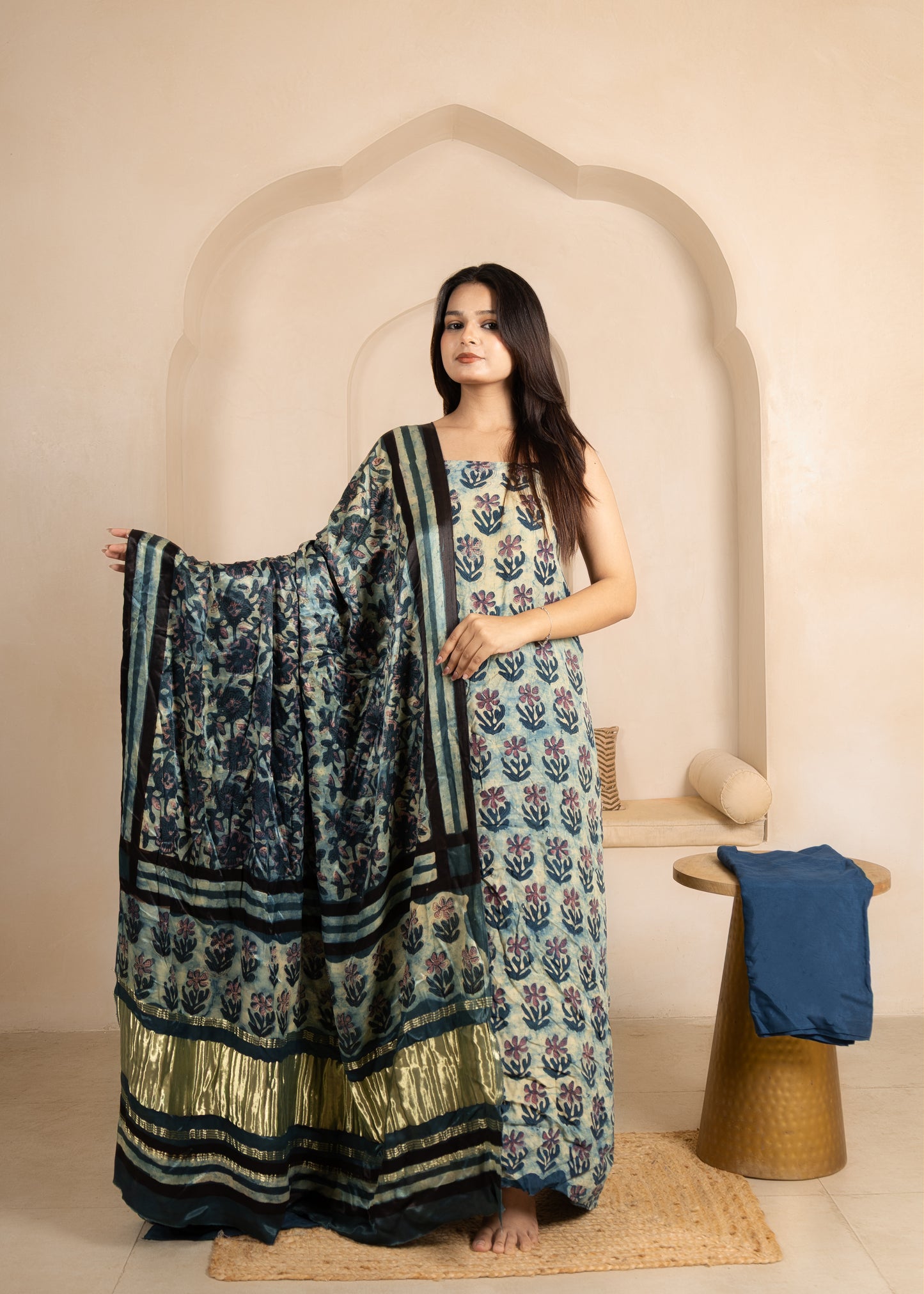 Vanaspati Ajrakh Hand Block Printed Modal Silk Suit with Modal Silk Lagdi Patta Dupatta