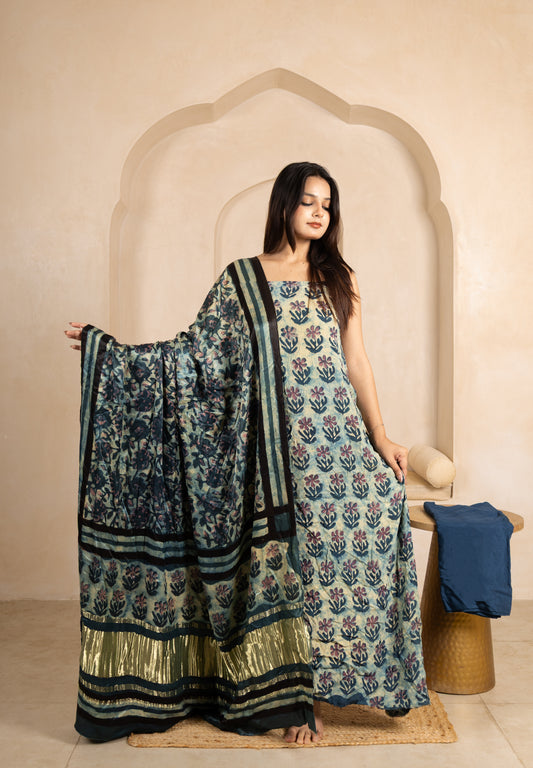 Vanaspati Ajrakh Hand Block Printed Modal Silk Suit with Modal Silk Lagdi Patta Dupatta