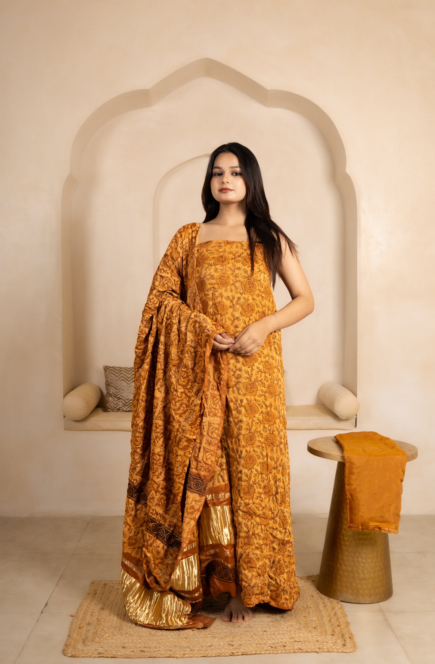 Vanaspati Ajrakh Hand Block Printed Modal Silk Suit with Modal Silk Lagdi Patta Dupatta