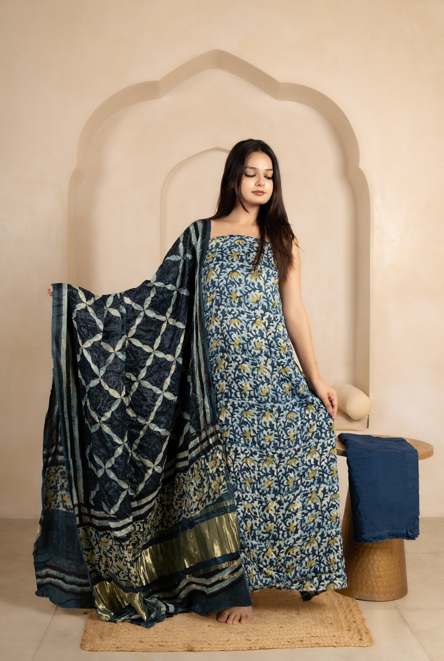 Vanaspati Ajrakh Hand Block Printed Modal Silk Suit with Modal Silk Lagdi Patta Dupatta
