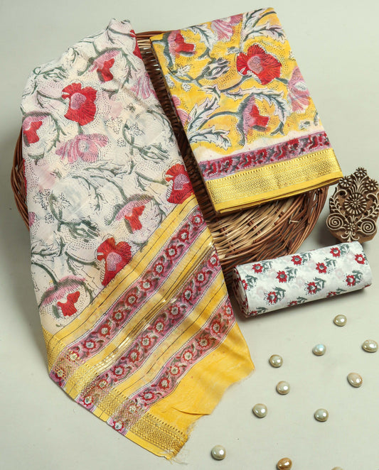 Hand Block Printed Maheshwari Silk Suit with Maheshwari Silk Dupatta