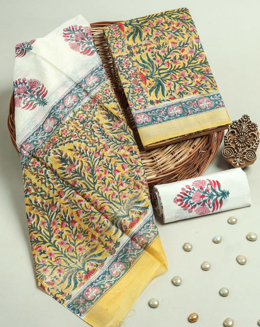 Hand Block Printed Maheshwari Silk Suit with Maheshwari Silk Dupatta