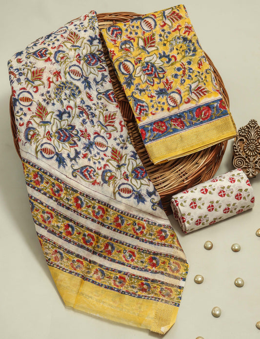 Hand Block Printed Maheshwari Silk Suit with Maheshwari Silk Dupatta