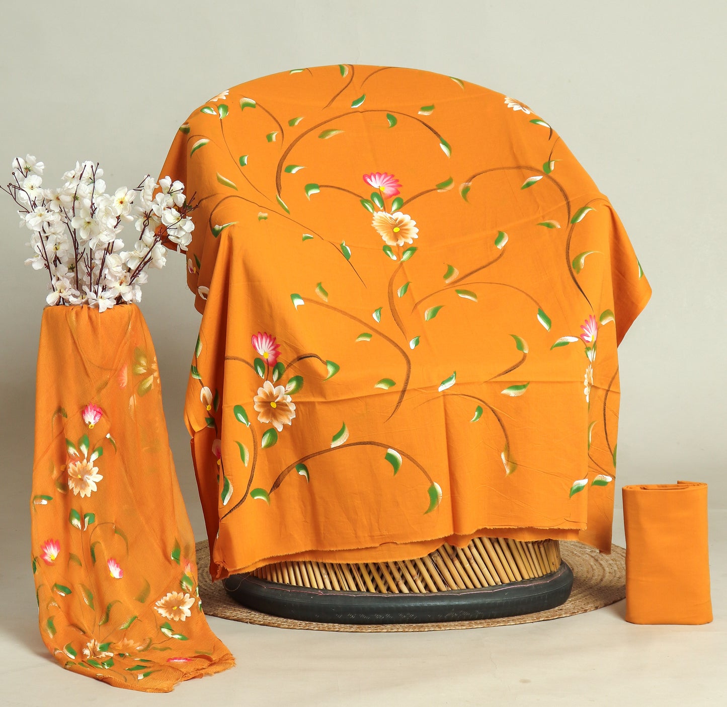 HAND PAINTED COTTON SUIT WITH PURE CHIFFON DUPATTA