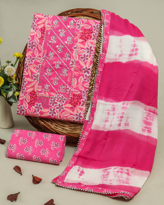 Cotton Printed Neck Work Suits with Chiffon dupatta