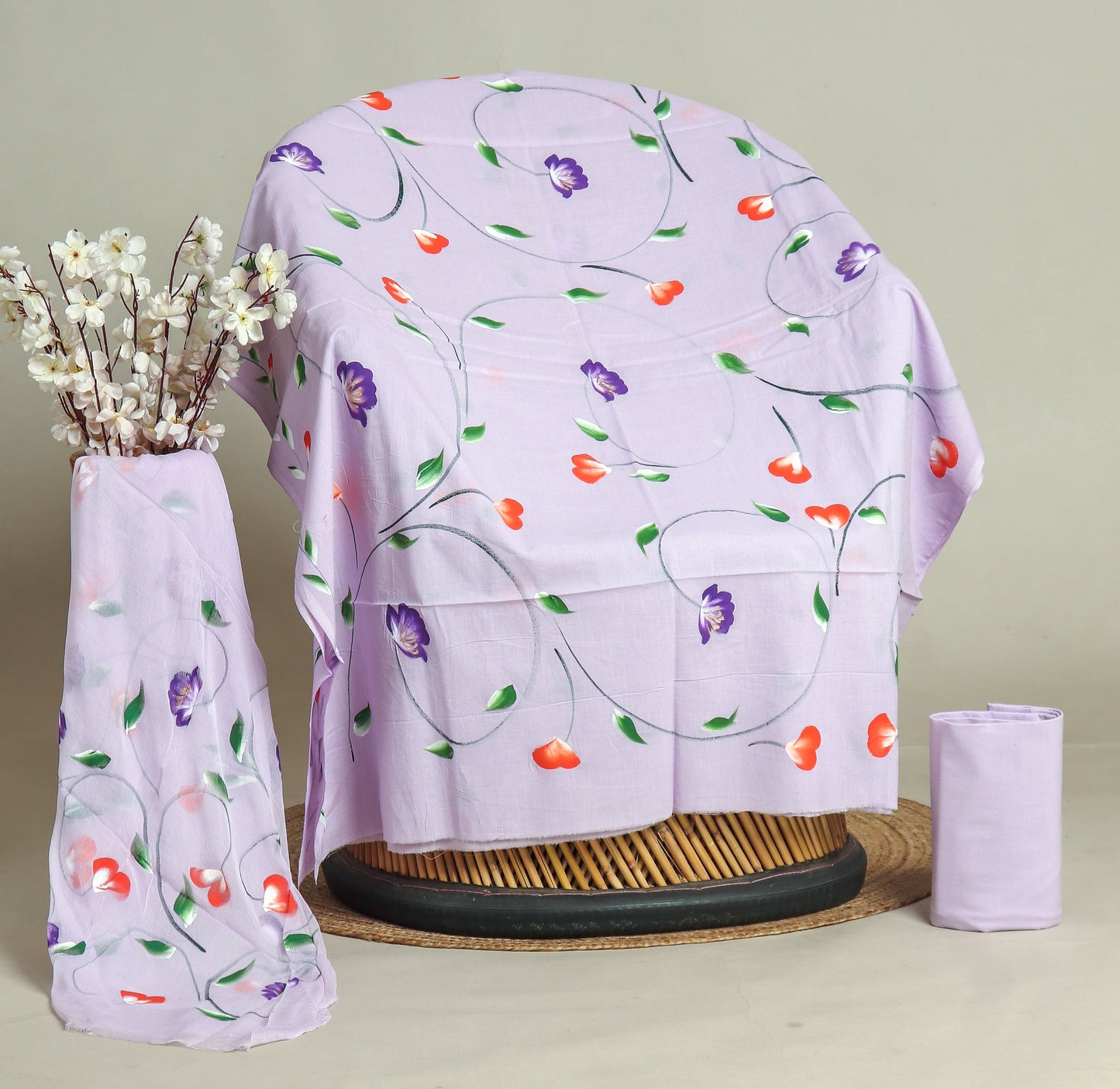 HAND PAINTED COTTON SUIT WITH PURE CHIFFON DUPATTA