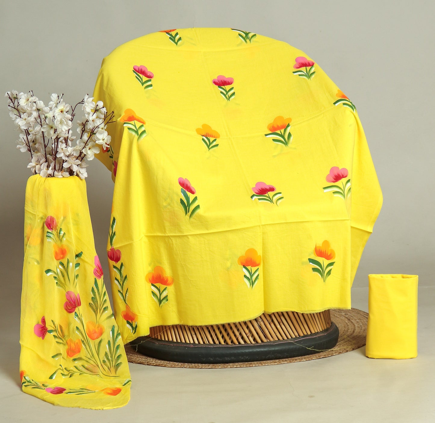 HAND PAINTED COTTON SUIT WITH PURE CHIFFON DUPATTA