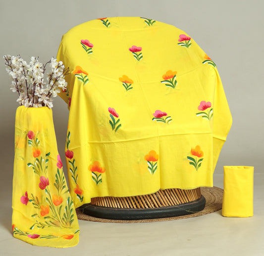 HAND PAINTED COTTON SUIT WITH PURE CHIFFON DUPATTA