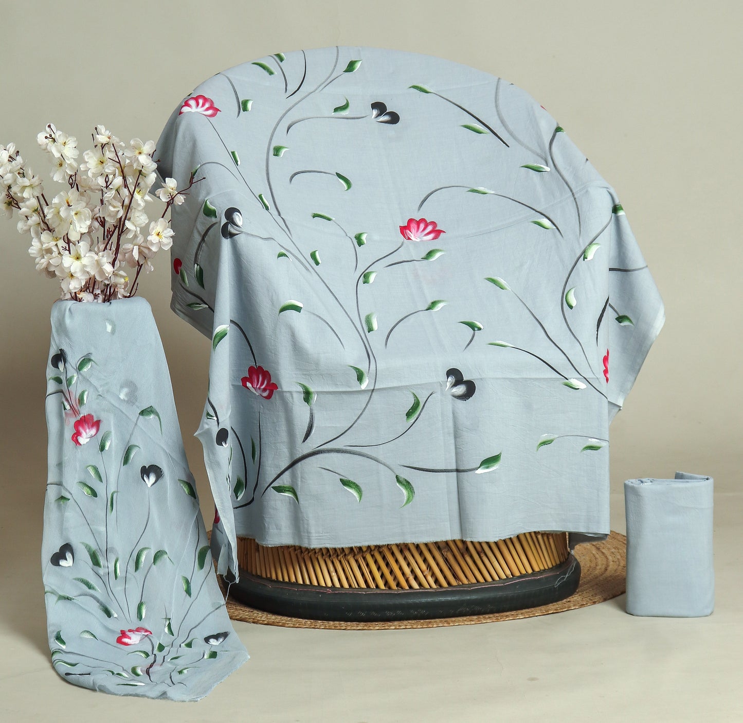 HAND PAINTED COTTON SUIT WITH PURE CHIFFON DUPATTA